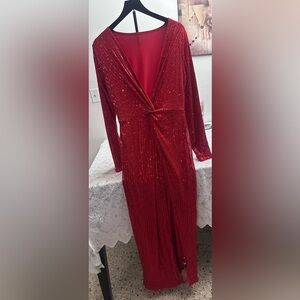 SHEIN Red Sequin Maxi Dress Long Sleeve V-Neck Twist Front Slit L NWT